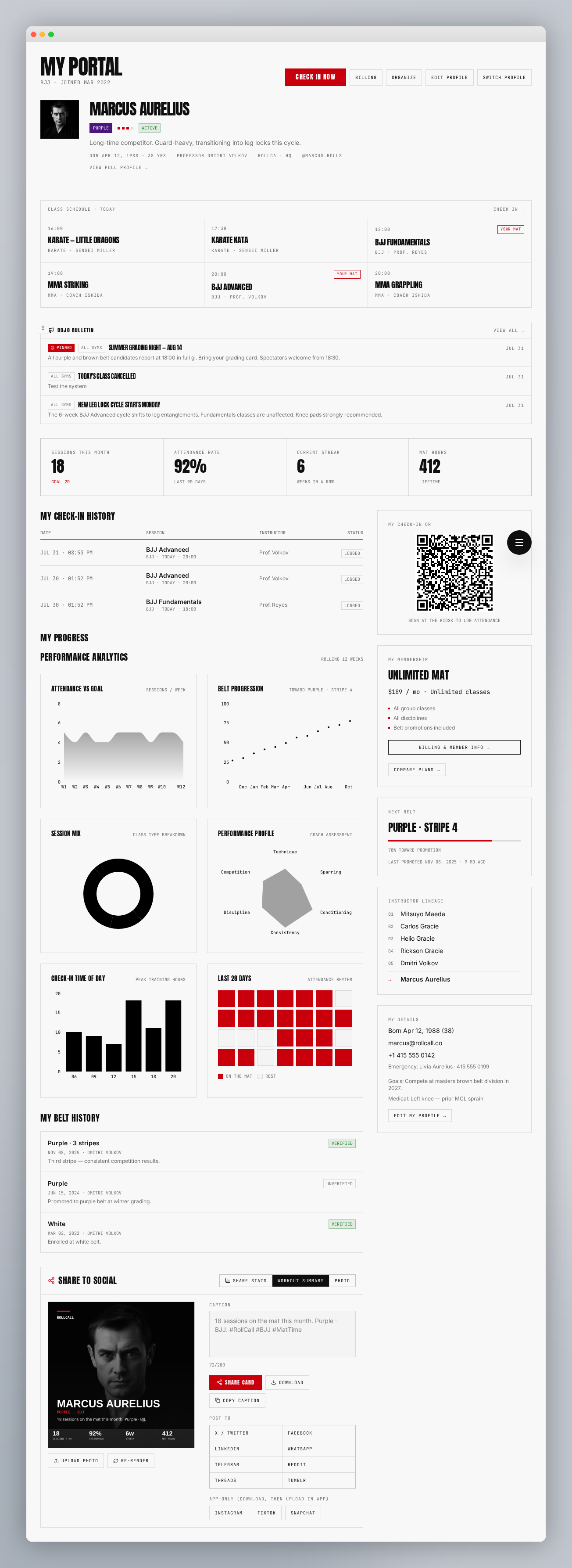 RollCall member portal showing class schedule, attendance stats, check-in QR code, belt progression, and membership details