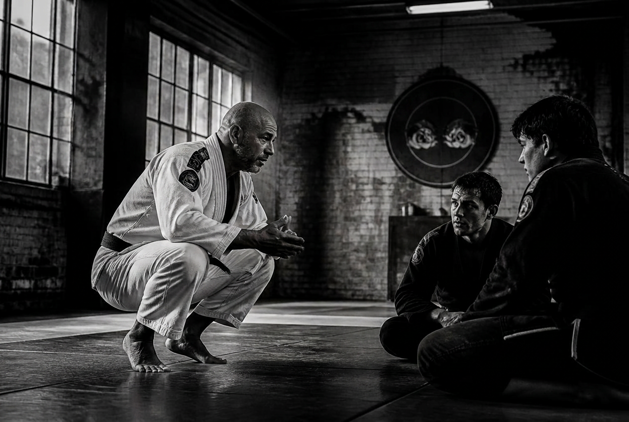 Coach in a gi giving instruction to two seated students on the mat