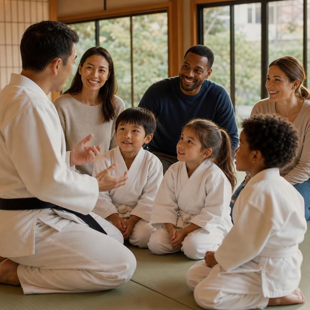 A martial arts instructor talking with parents and students in a welcoming dojo